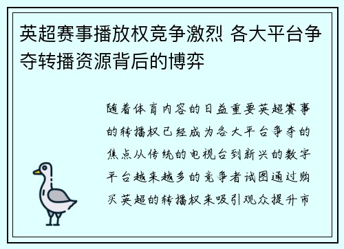 英超赛事播放权竞争激烈 各大平台争夺转播资源背后的博弈